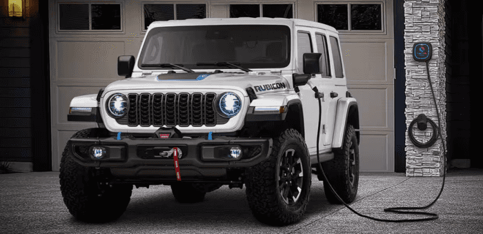 White 2025 Jeep Wrangler 4xe Rubicon charging at home