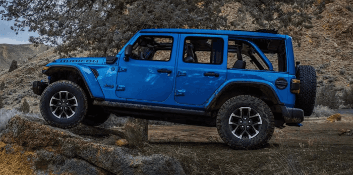 Blue 2025 Jeep Wrangler Rubicon parked on rocks