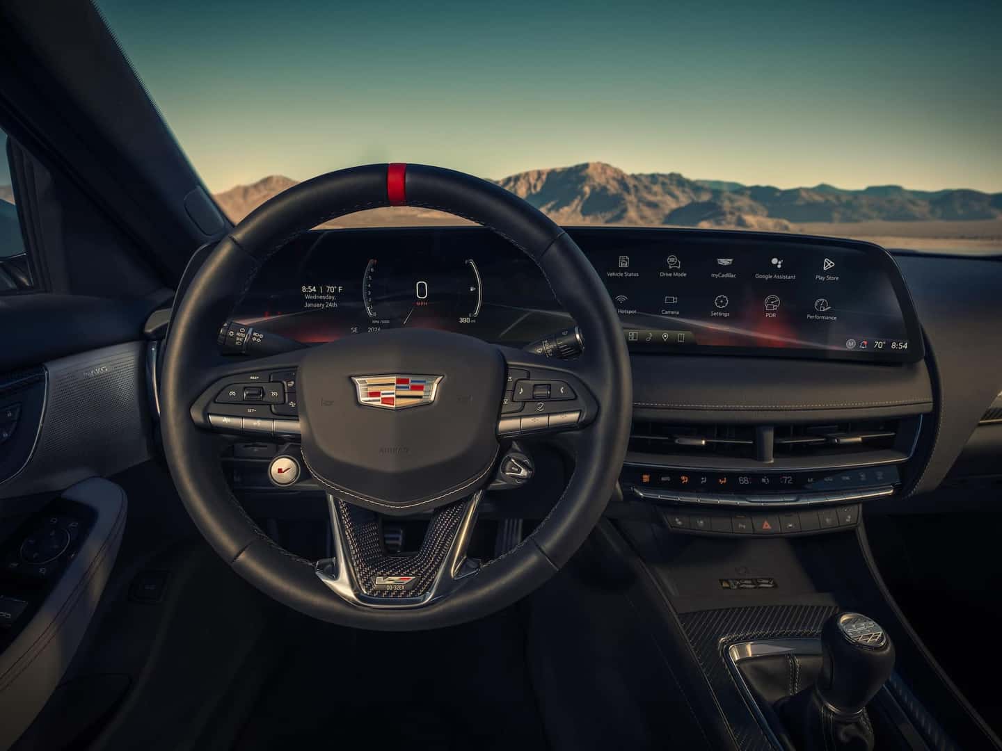 Interior view in the 2025 Cadillac CT5-V Blackwing showing its 33-inch-diagonal LED color touchscreen display.