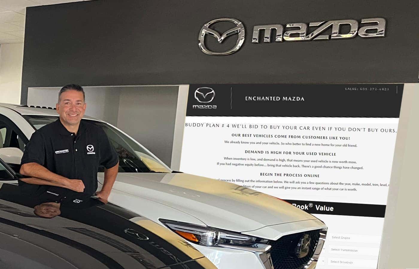 buddy standing in Mazda showroom