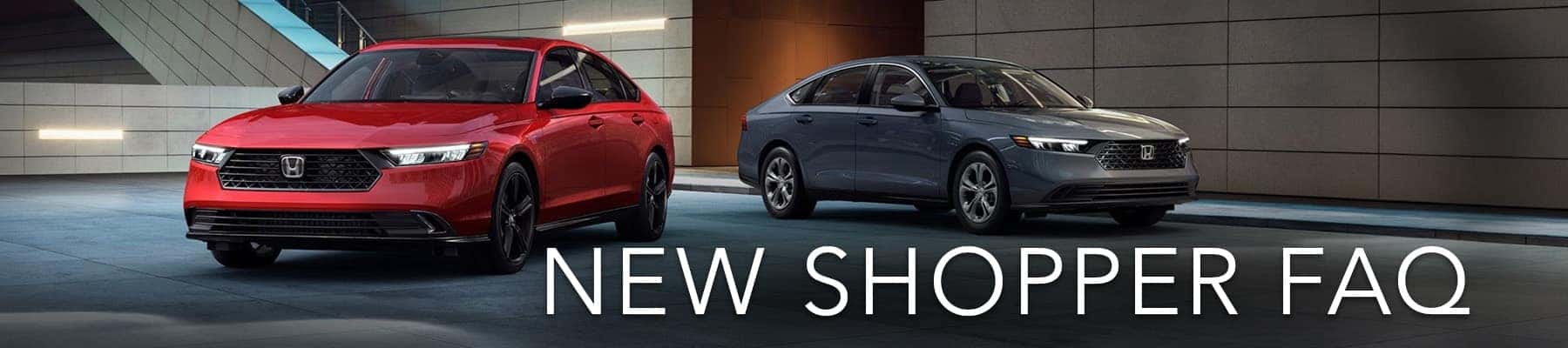 Two Honda vehicles displayed in a modern dealership showroom with 'New Shopper FAQ' text overlay