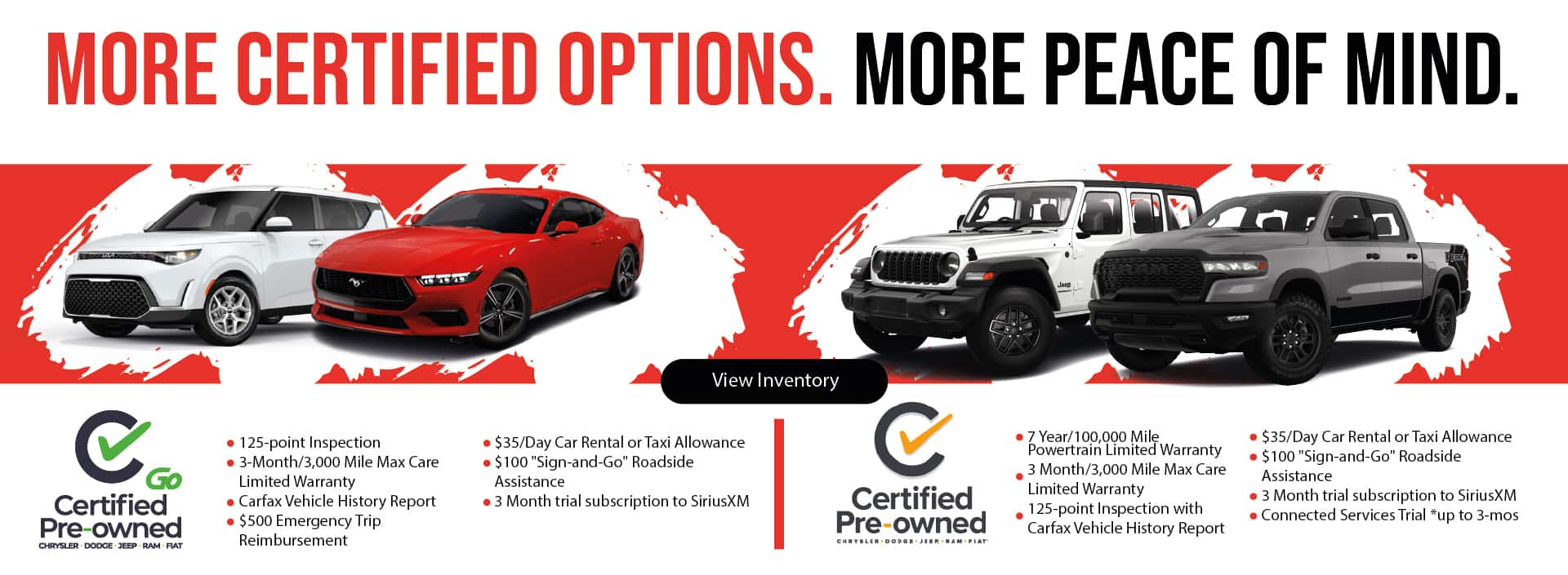 Promotional graphic titled "MORE CERTIFIED OPTIONS. MORE PEACE OF MIND." displaying four vehicles (Kia Soul, Ford Mustang, Jeep Wrangler, and Ram Truck) along with benefits of "GO Certified Pre-Owned" and "Certified Pre-Owned" programs, including limited warranties, 125-point inspections, Carfax reports, rental allowances, and roadside assistance. A "View Inventory" button sits at the center.