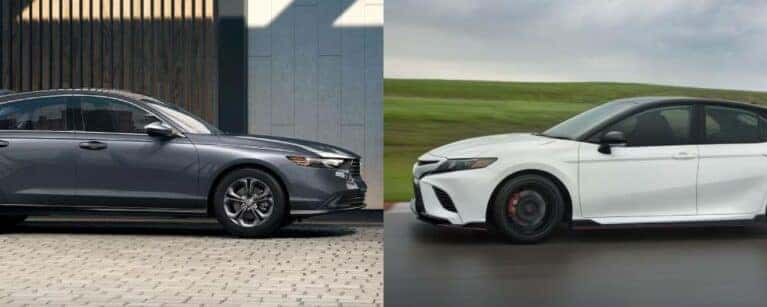 Side-by-side comparison image illustrating design and styling differences between a Honda Accord and a Toyota Camry