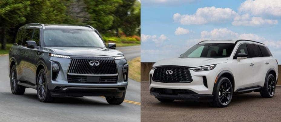2025 INFINITI QX80 and the 2025 INFINITI QX60 Black Edition side by side