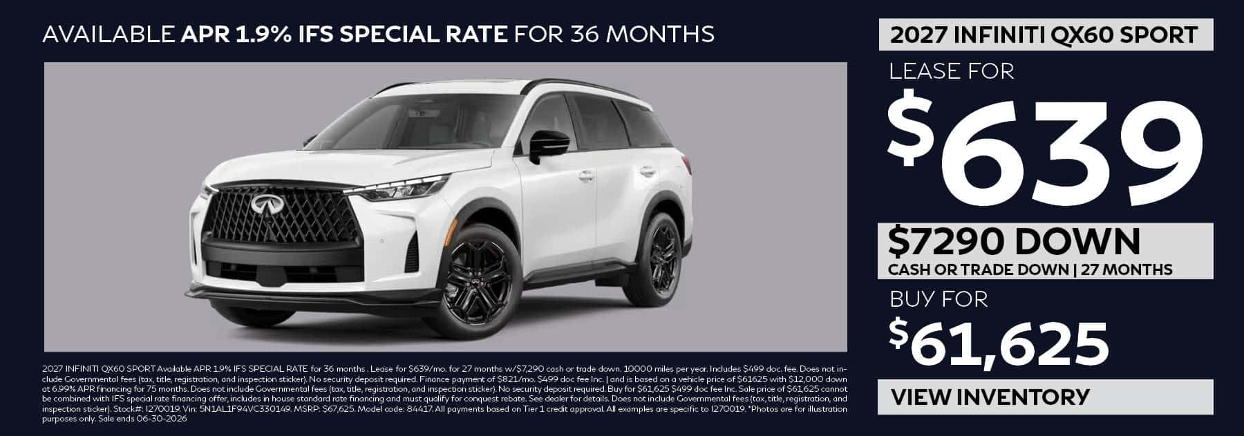Lease the 2027 INFINITI QX60 SPORT for $639 per month for 27 months