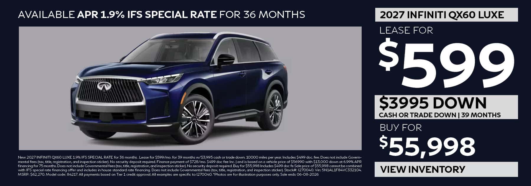 Lease the 2027 INFINITI QX60 for $599 per month for 39 months