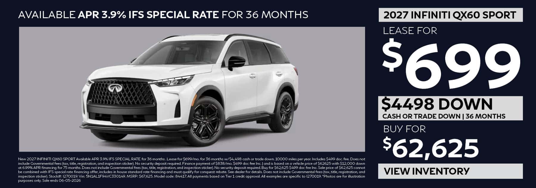 Lease the 2027 INFINITI QX60 SPORT for $699 per month for 36 months