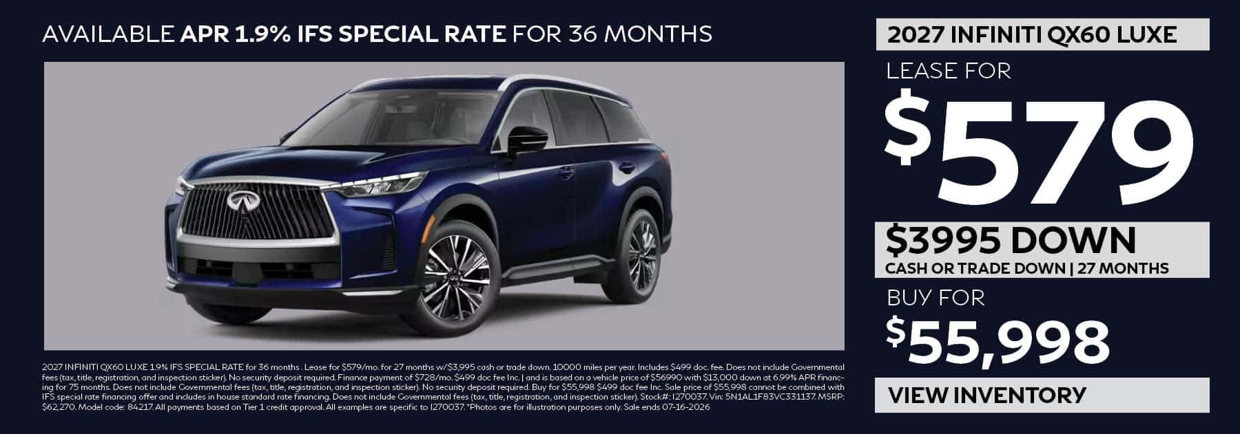 Lease the 2027 INFINITI QX60 for $579 per month for 27 months