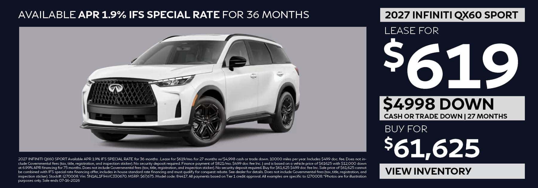 Lease the 2027 INFINITI QX60 SPORT for $619 per month for 27 months