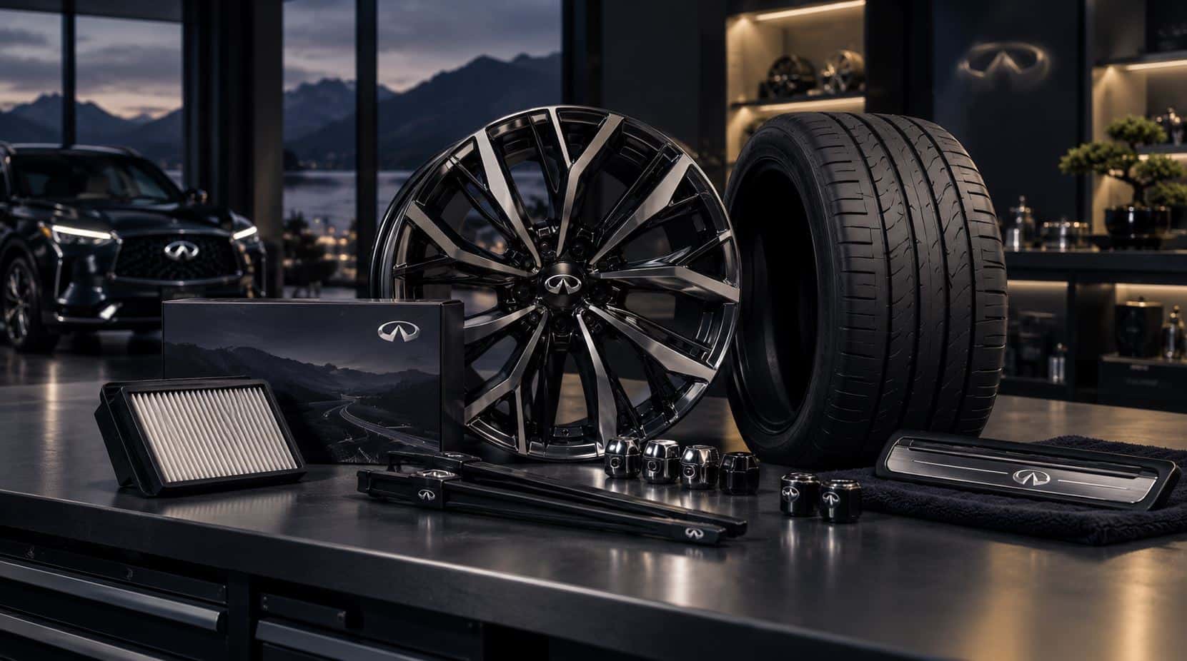INFINITI parts and accessories displayed in a premium parts setting