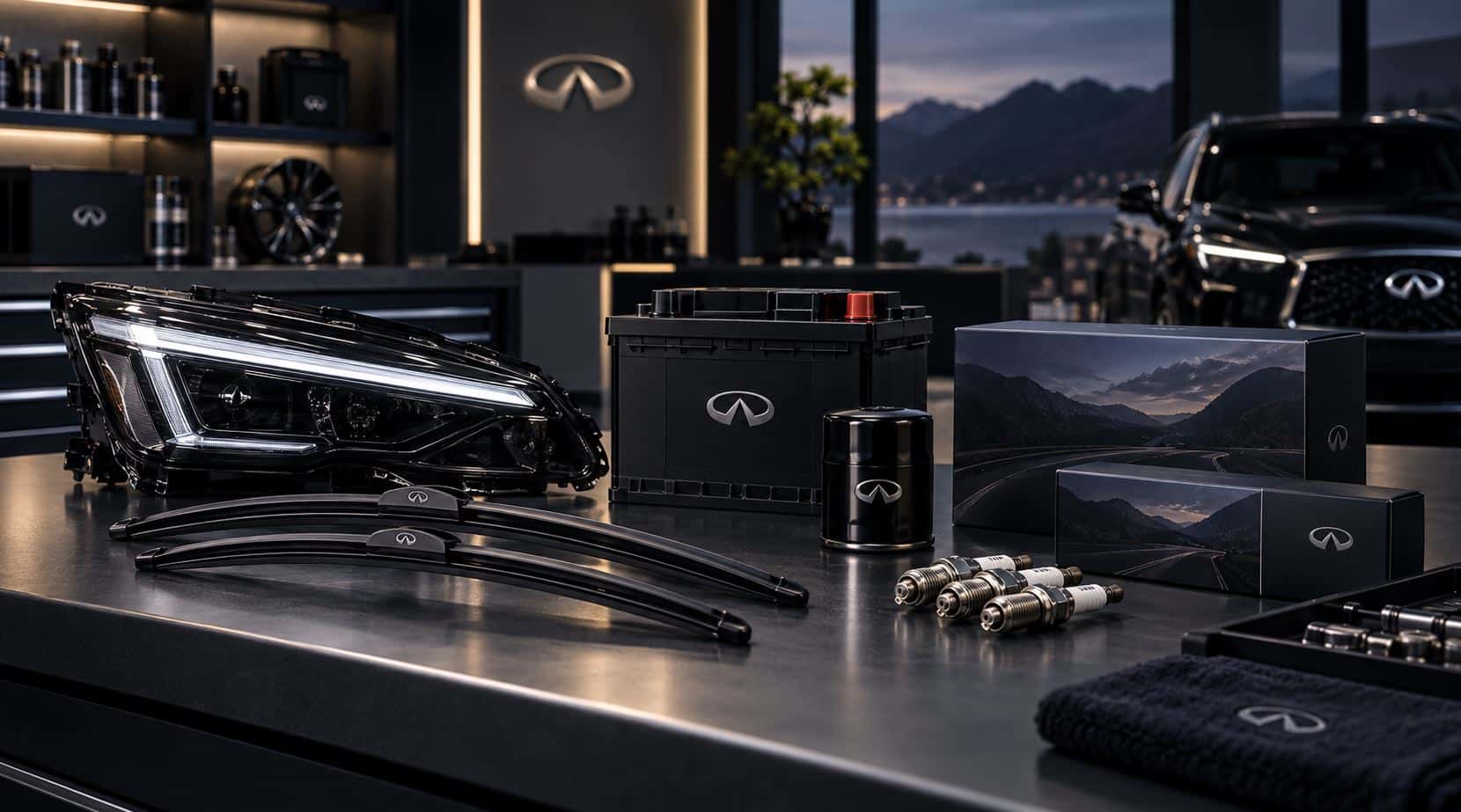 INFINITI wheels, tires and accessories displayed in a premium parts setting
