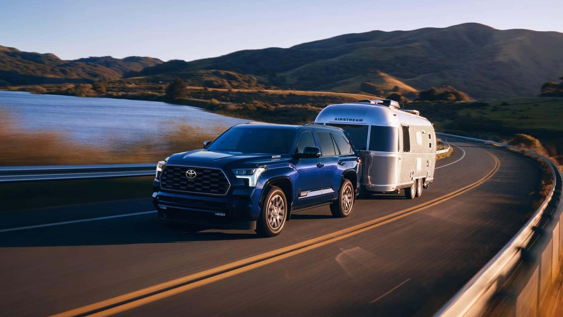 Blue 2025 Toyota Sequoia Towing Airstream Camper Near Me in Metairie, LA