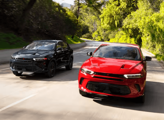 Two 2025 Dodge Hornets driving on the road