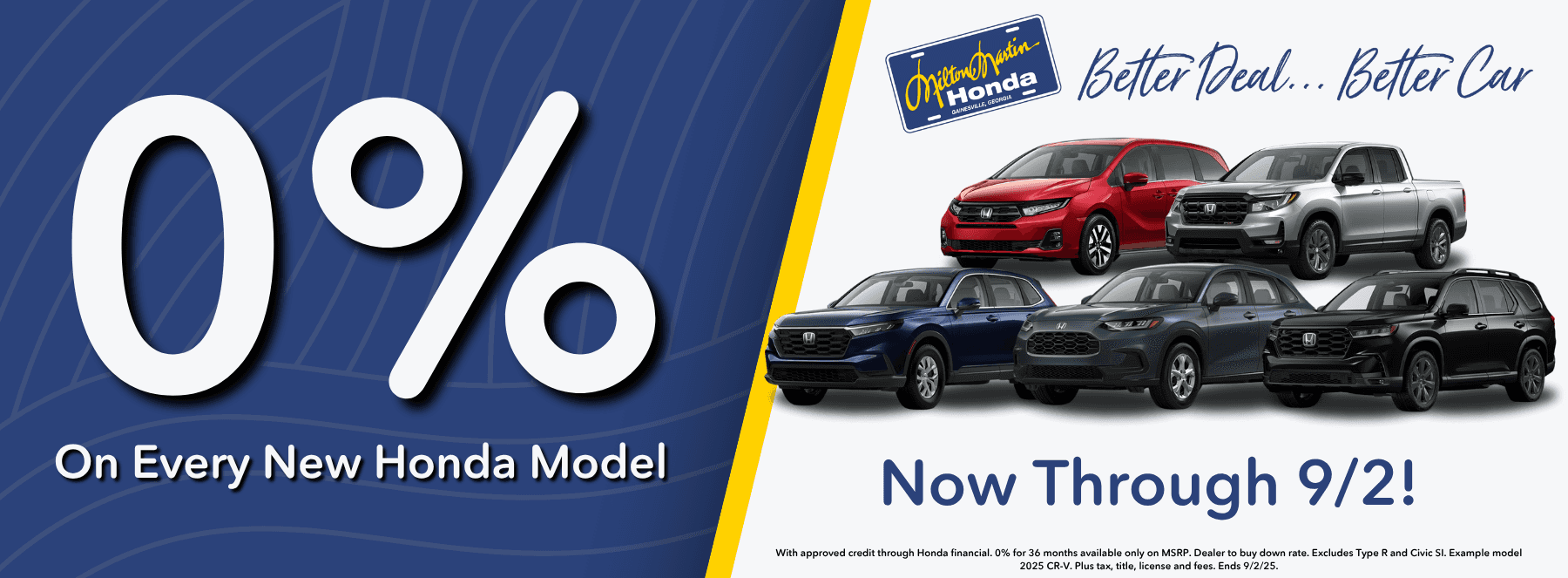 "0% financing on every Honda model" in big white letters with 5 different Honda models next to it.