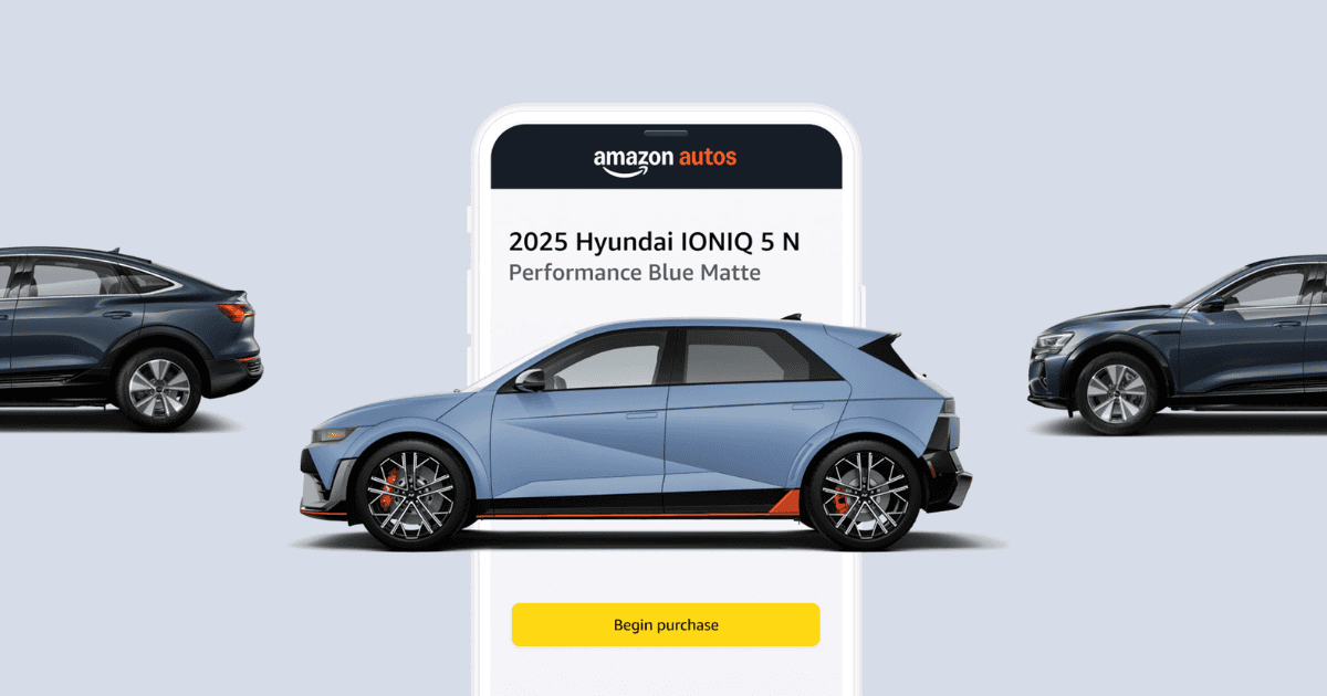 An image of light blue 2025 Hyundai IONIQ 5 N in front of a phone screen, flanked by two darker blue cars on the front