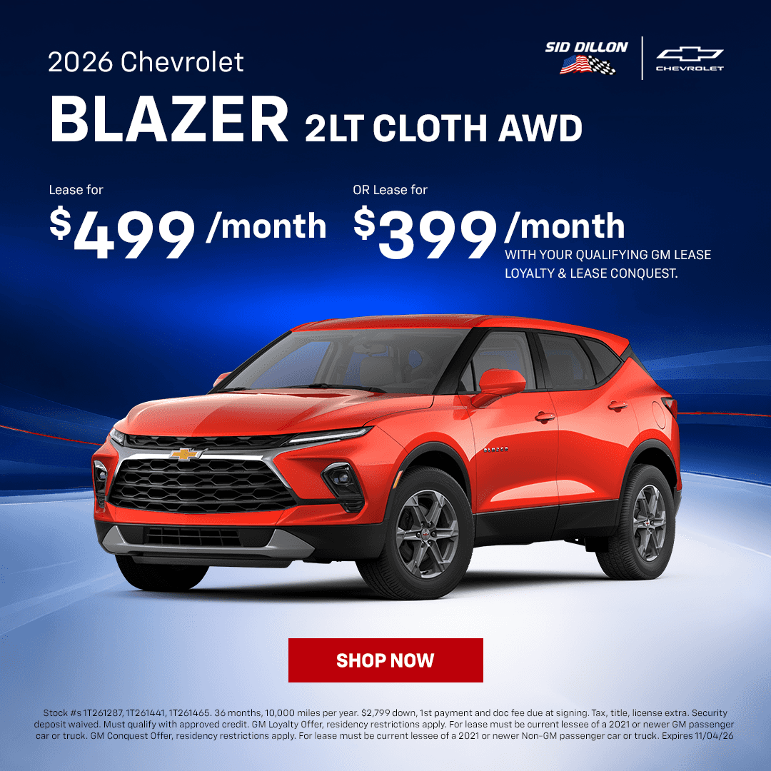 October lease pricing for the 2026 Chevrolet Blazer 2LT Cloth AWD at Sid Dillon Chevrolet Fremont