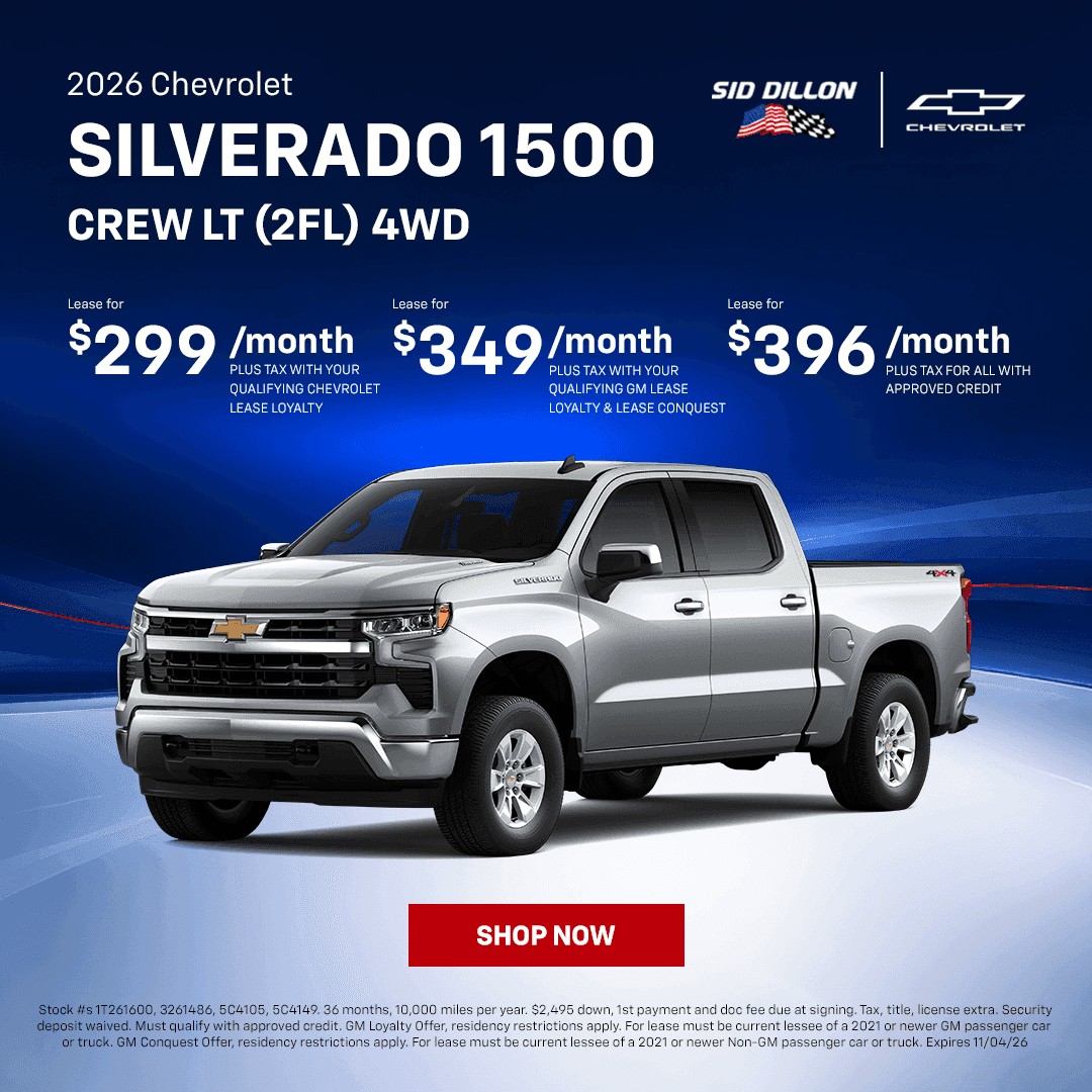 2026 Chevrolet Silverado 1500 Crew Cab LT 2FL 4WD October lease offer at Sid Dillon Chevrolet Fremont