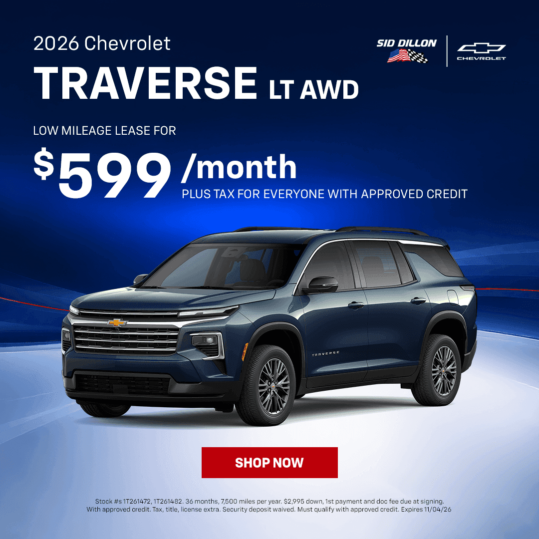 October 2026 Chevrolet Traverse LT AWD low-mileage lease special at Sid Dillon Chevrolet Fremont