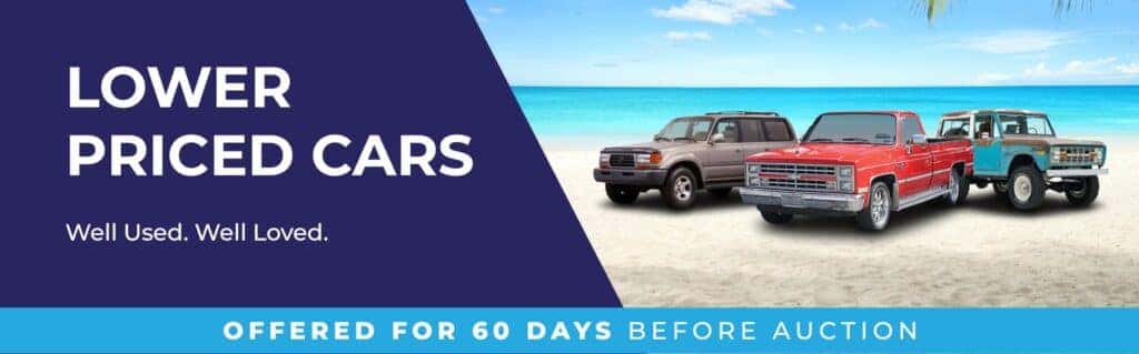 Conch Cruisers by Keys Auto Center in Key West offers lower-priced pre-owned cars, trucks, and SUVs for sale before auction. Promotional banner featuring affordable used vehicles available for up to 60 days in the Florida Keys.