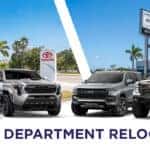 Promotional banner announcing Keys Auto Center service department relocations effective June 20 in Key West, Florida. Toyota Service is relocating to 1618 N. Roosevelt Blvd., while Chevrolet, GMC, and Cadillac Service are relocating to 3500 N. Roosevelt Blvd. The image features Toyota, Chevrolet, GMC, and Cadillac vehicles in front of their respective dealership locations in the Florida Keys.
