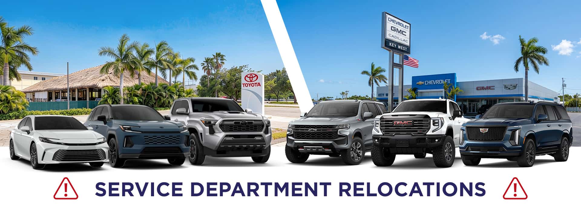 Promotional banner announcing Keys Auto Center service department relocations effective June 20 in Key West, Florida. Toyota Service is relocating to 1618 N. Roosevelt Blvd., while Chevrolet, GMC, and Cadillac Service are relocating to 3500 N. Roosevelt Blvd. The image features Toyota, Chevrolet, GMC, and Cadillac vehicles in front of their respective dealership locations in the Florida Keys.